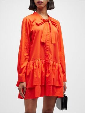 Harshman Laverne Ruffle-Tiered Tie-Front Dress Coral Orange NWT Size XS